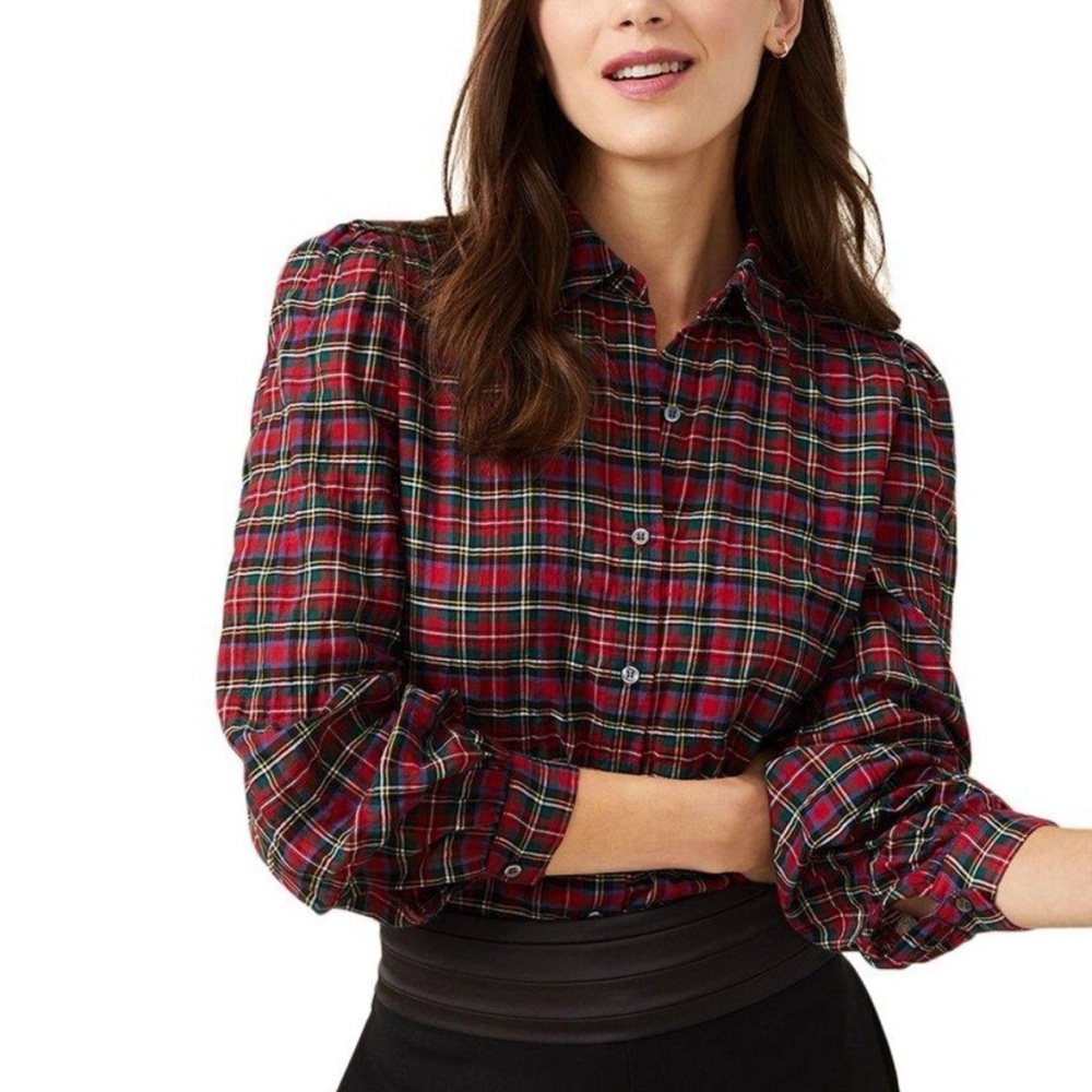 J. McLaughlin Jewel Blouse Button Down Shirt Red Black Yellow Plaid Check
